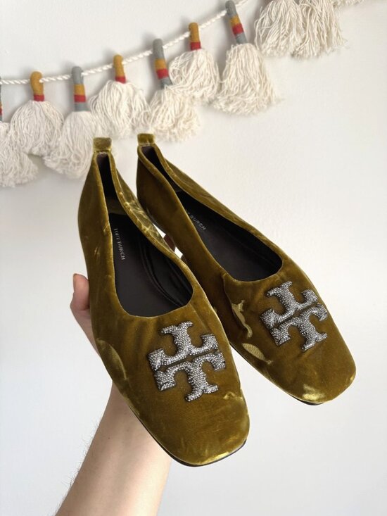 Tory Burch Shoes - Tory Burch Eleanor Pave Crystals Ballet Flats Olive Green Velvet Square Toe 10